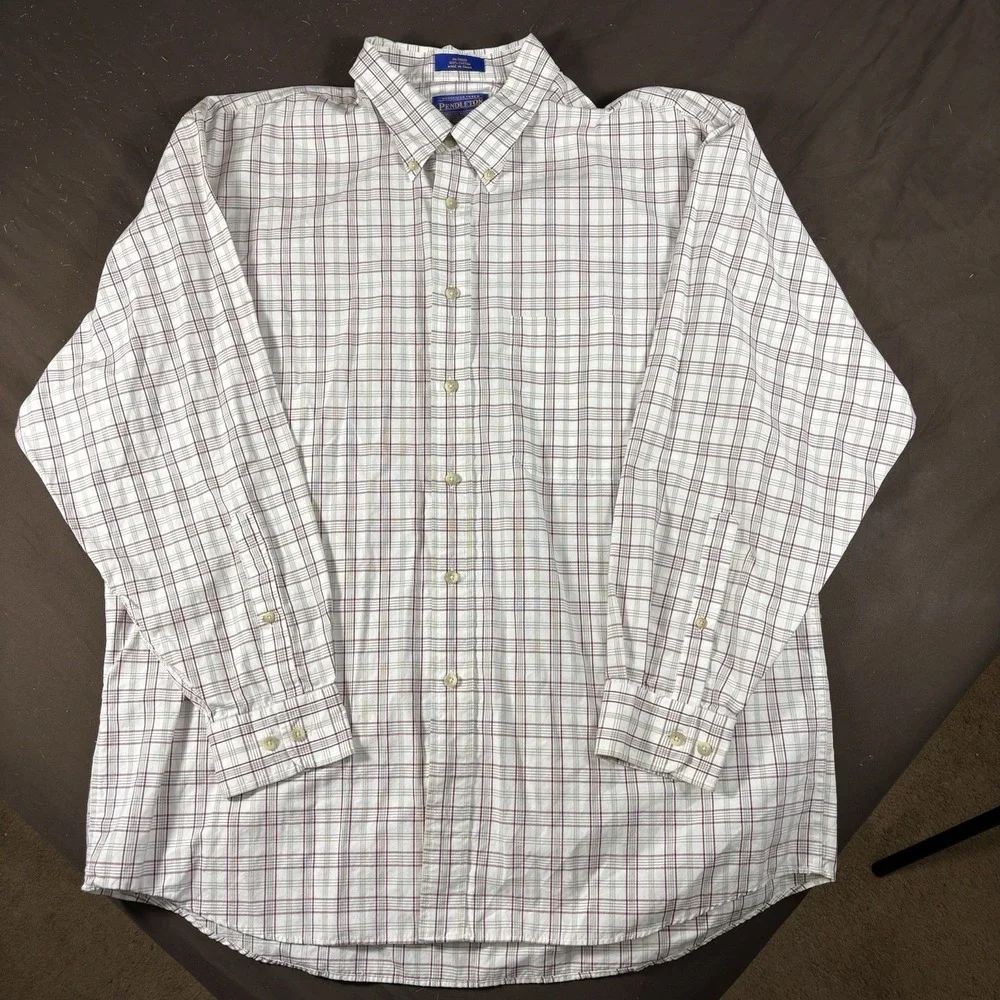 Pendleton Mens XL Plaid Button Down Shirt White Burgundy Long Sleeve Casual - Picture 1 of 7